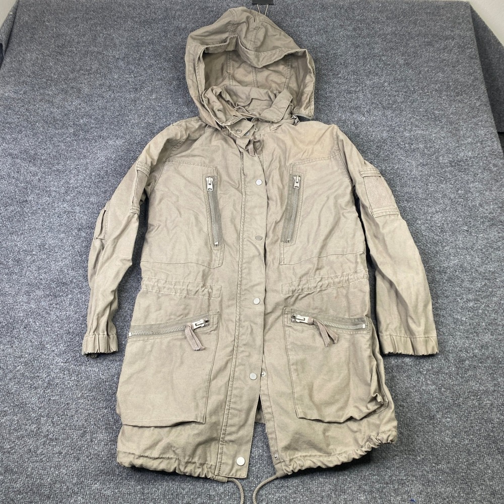 AllSaints Skyler Parka Khaki Green Cotton Hooded Utility Jacket W0073L Small